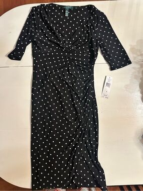 Lauren Ralph Lauren Black Polka Dot Ruched Midi Dress